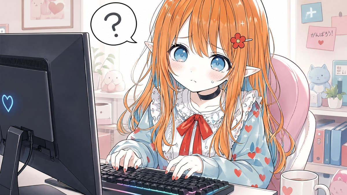 Social Media Post - Confused Elf Girl at Pastel Desk