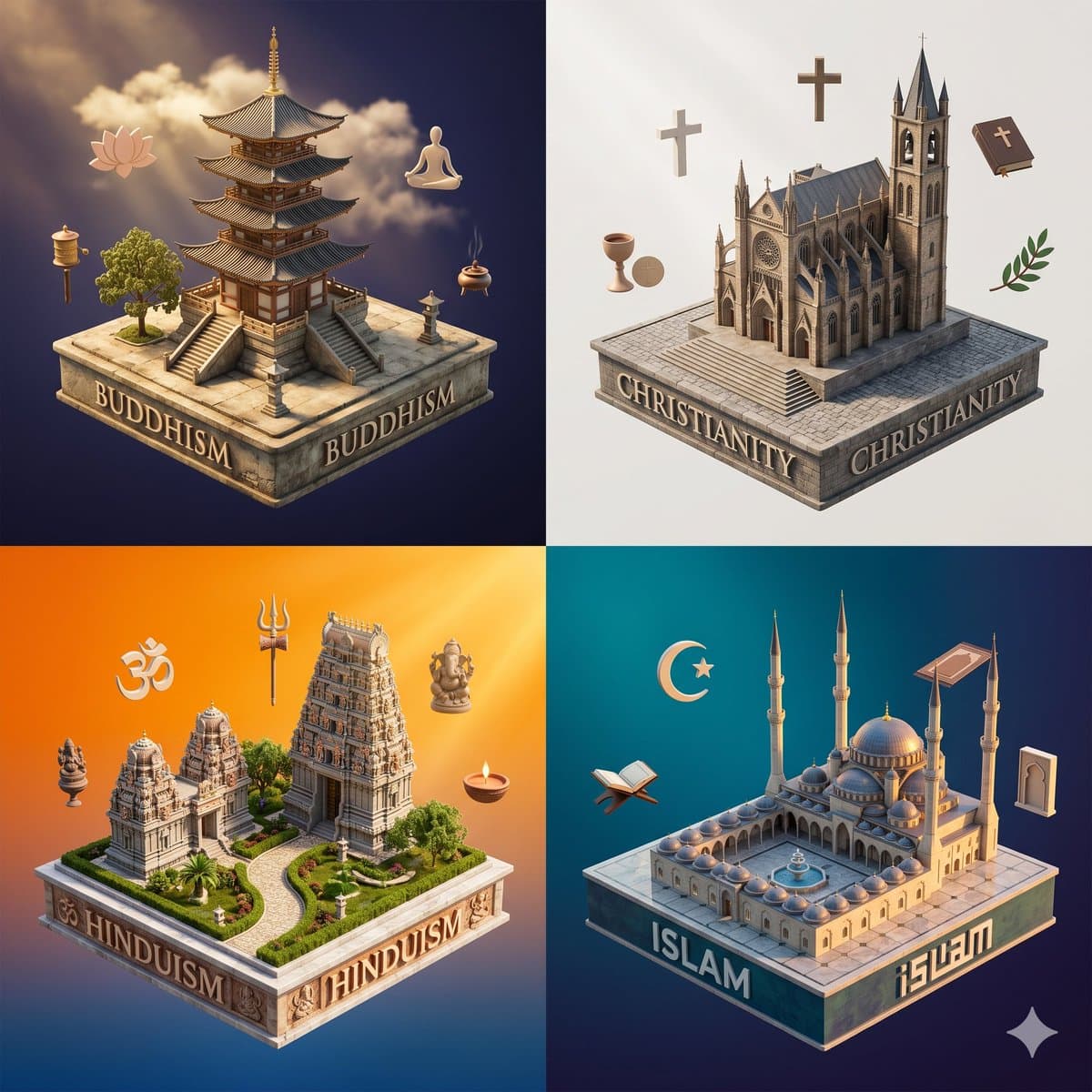 Infographic / Edu Visual - Isometric Religion Diorama Grid